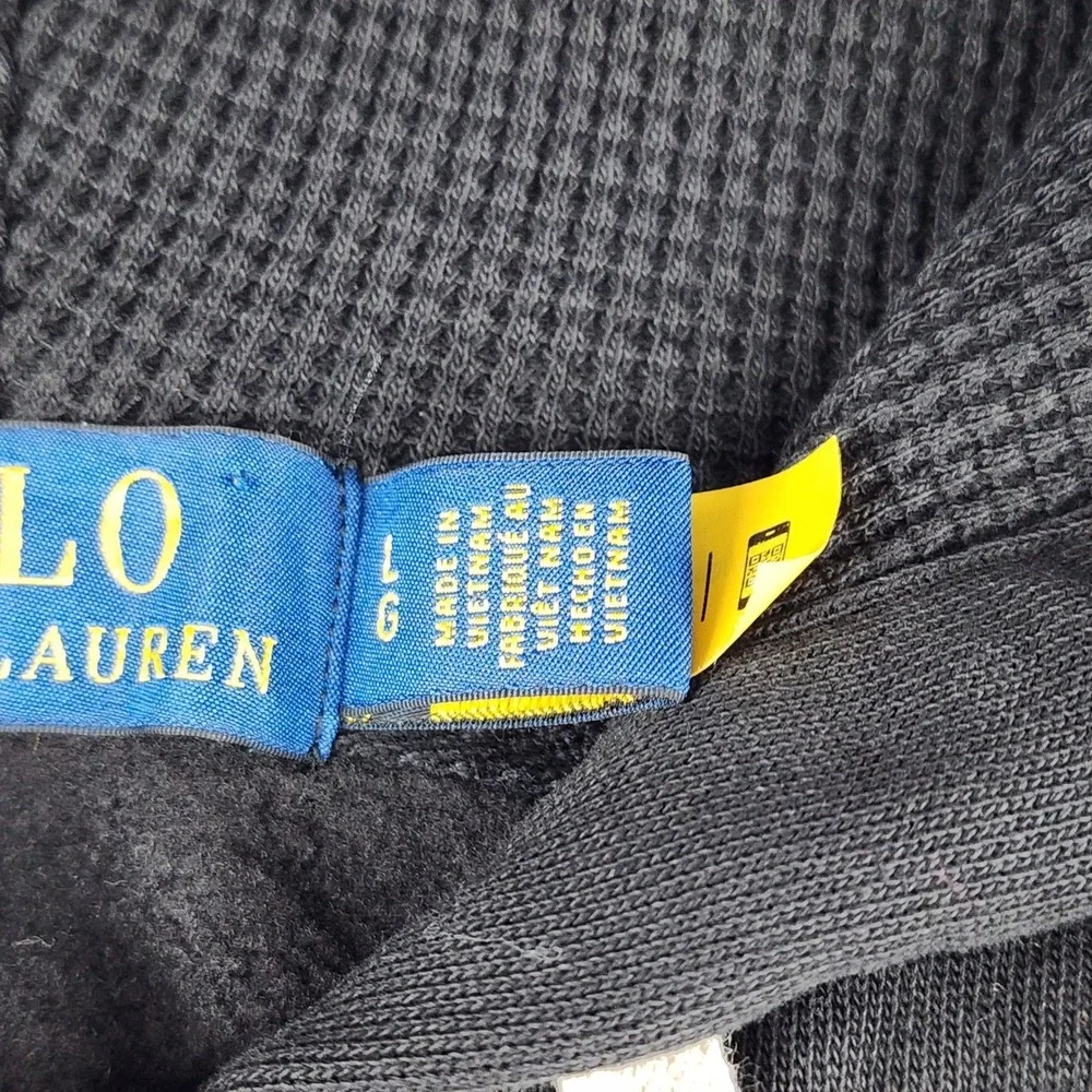 Polo Ralph Lauren Hoodie Mens L Black Thick Waffle Knit Fleece Pullover Zip Pony - Picture 6 of 10